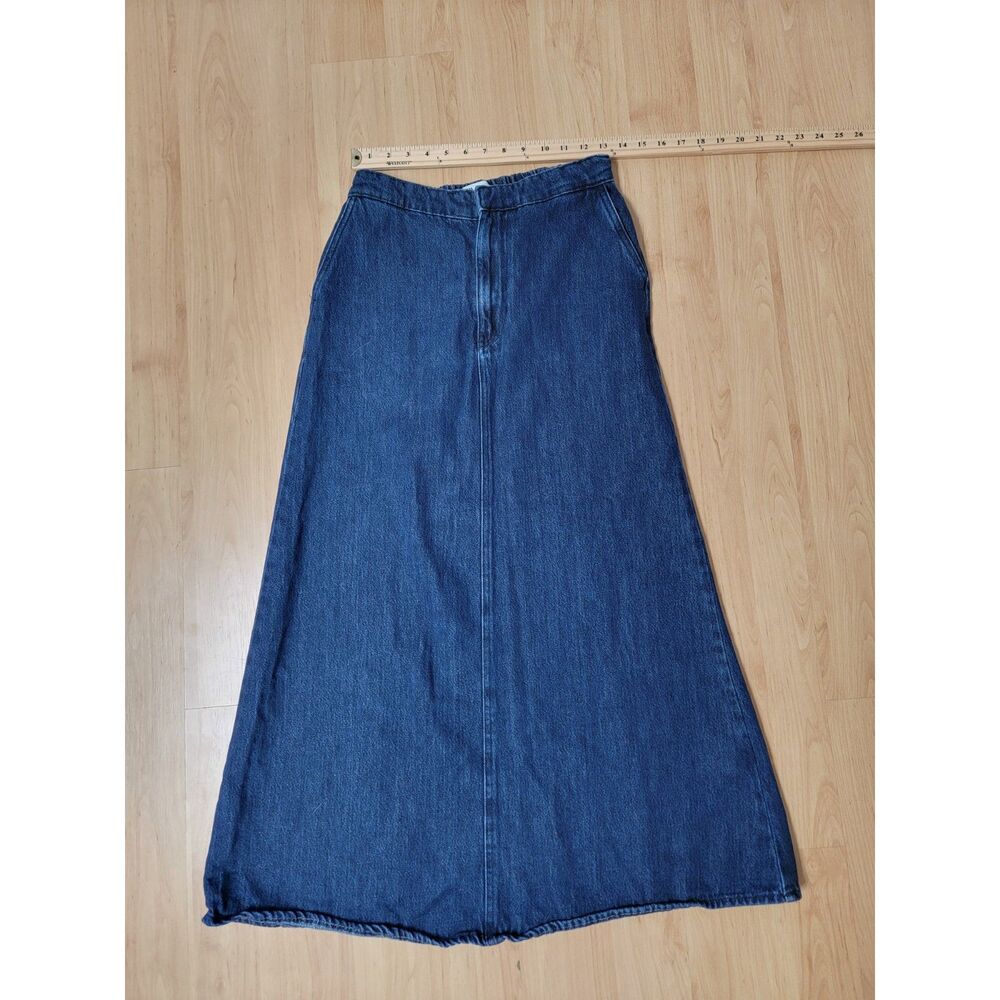 Zara Denim A-Line Maxi Skirt Cotton Lyocell Elastic Back Waist Blue Small S